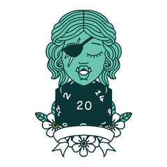 half orc rogue character with natural twenty dice roll illustration