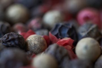 Pepper spice texture. Multicolored pepper corns, mix of colorful grains. Selective focus.