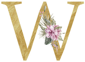 Golden textured floral alphabet font, uppercase letter w with tropical flowers, leaves isolated on white. Hand painted letter for wedding, greeting card, invitation template design, monogram,logo