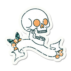 grunge sticker with banner of a skull