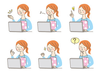 パソコン　エプロン　若い女性　表情セット