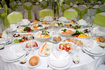 Table with food and drink. close up