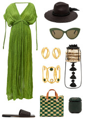 A collage of fashionable clothes and accessories on a white background

