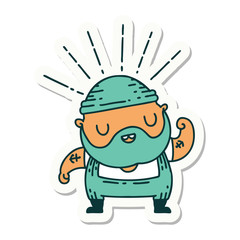 sticker of tattoo style bearded man flexing bicep