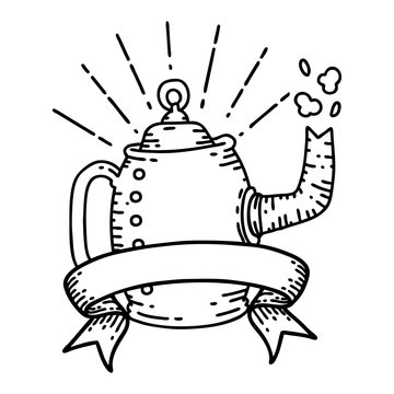 banner with black line work tattoo style old coffee pot steaming