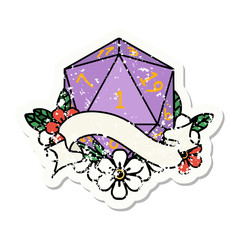 natural one d20 dice roll grunge sticker