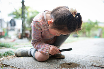 虫眼鏡で蟻の巣を観察する女の子
