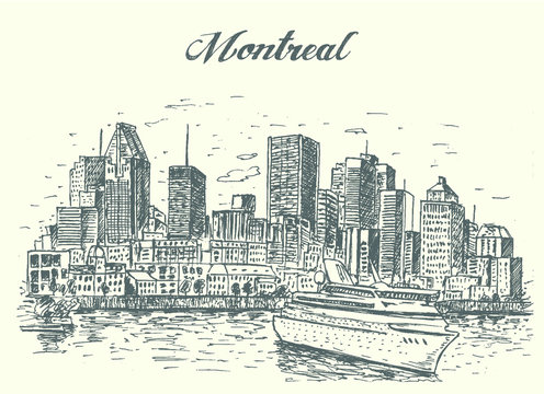 Canada Montreal cruise liner scene with city skyline on background. Hand drawn,vector illustration.