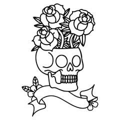 black linework tattoo with banner of a skull and roses