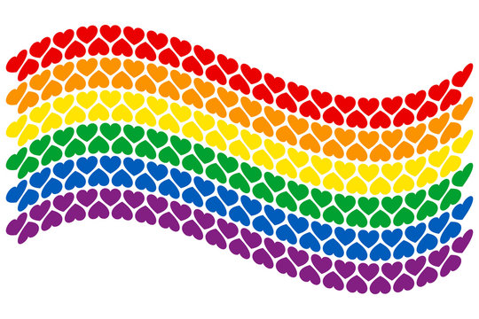 Rainbow LGBT flag with heart shapes. Wavy gay pride flag consisting of six horizontal stripes arranged one below the other. Isolated multi colored illustration on white background.