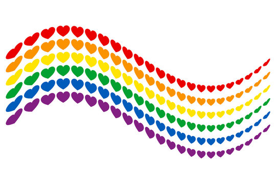 Wavy rainbow LGBT flag with heart shapes. Gay pride flag consisting of six horizontal stripes arranged one below the other. Isolated multi colored illustration on white background.