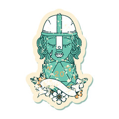 half orc fighter character with natural 20 dice roll illustration