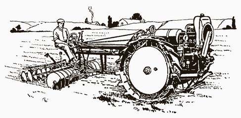 Obraz premium Historical farmer driving a tractor plow in a field in side view. Illustration after an engraving from the early 20th century
