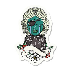 crying orc rogue character face with natural one d20 dice roll illustration