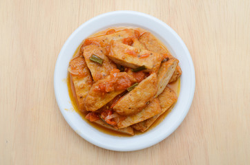 Delicious fried fishcakes plate on top view