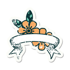 grunge sticker with banner of flowers