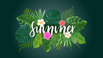 Summer background with tropical leaves and flowers in green theme.