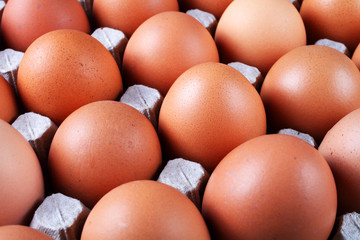 red eggs in a paper tray, macro, soft focus