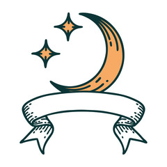 tattoo with banner of a moon and stars