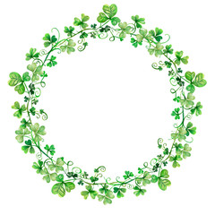 Watercolor wreath of clover leaves.