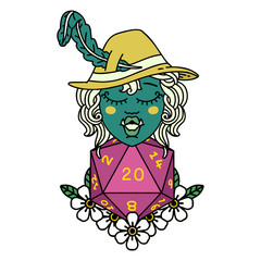 half orc bard with natural twenty dice roll  illustration