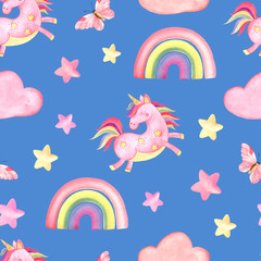 Pattern with pink unicorns, clouds, rainbows, stars on a blue background.