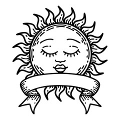 black linework tattoo with banner of a sun