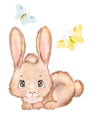 Watercolor illustration of a little brown rabbit, bunny, baby illustration, eared rabbit, baby show, postcard. Easter, rabbit, hare, child's drawing, postcard, invitation, congratulation, funny Easter