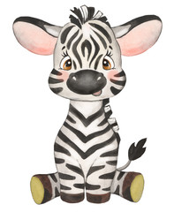 Fototapeta na wymiar Watercolor illustration with cute baby zebra. For children's cards, illustration for children, little zebra, cute zebra, nursery, jungle, safari, funny animal, children’s card