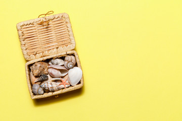 Summer time concept with seashells starfish and chest on yellow background with copyspace. Rest on the beach