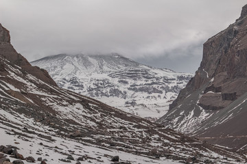 San José de Maipo volcano in winter, Cajón del Maipo, Central Andes of Chile.