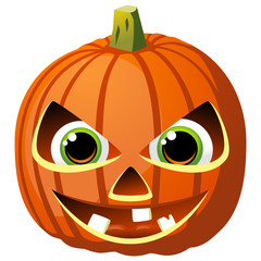 Vector cartoon Halloween pumpkin with big green eyes and small teeth. Isolated on white.