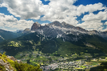 Naklejka na ściany i meble top view of Cortina D'ampezzo Dolomites, Italy