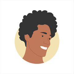 Vector illustration of a portrait of a happy smiling attractive mixed race man with curly hair. It represents a concept of beauty, joy and happiness. Also can be used as an avatar, icon or badge