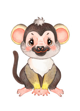 Watercolor drawing of a little cute monkey. Jungle animal, macaque, postcard, children's print.