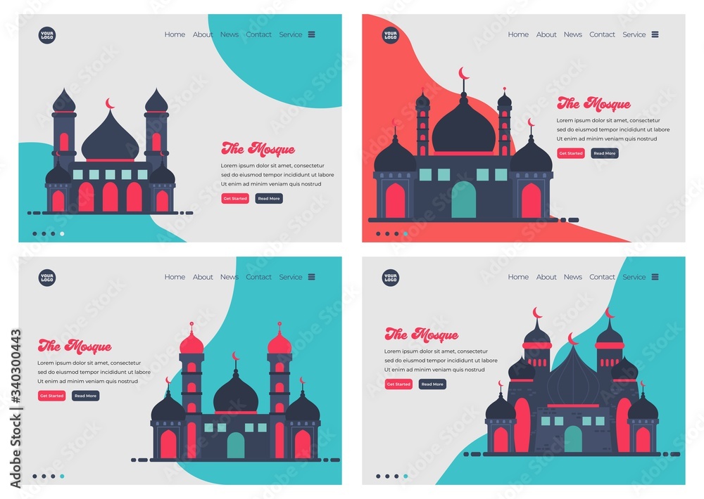 Poster set of landing page design templates for mosque flat illustration, for ramadan theme. easy to edit a