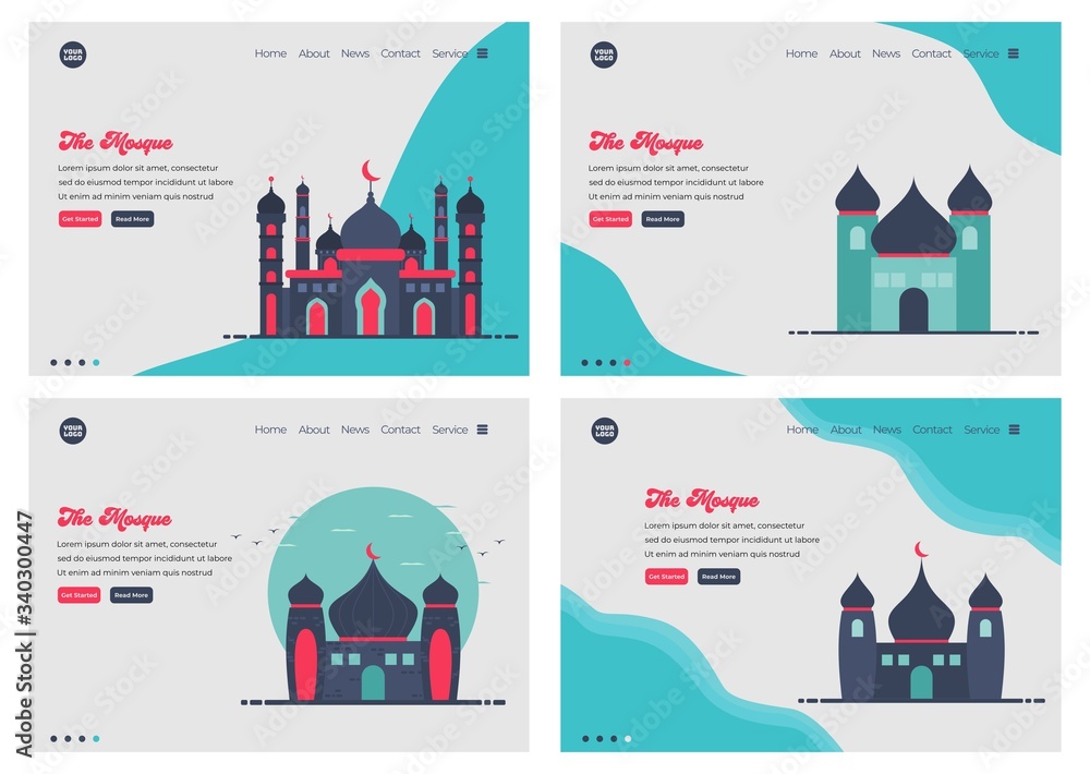 Poster set of landing page design templates for mosque flat illustration, for ramadan theme. easy to edit a