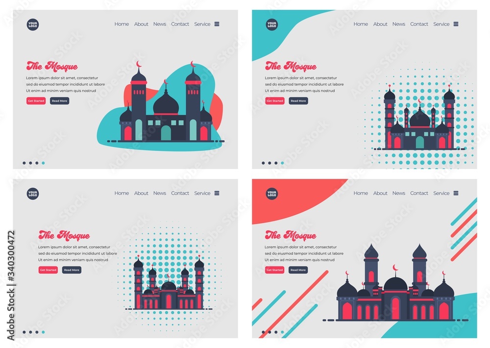 Poster set of landing page design templates for mosque flat illustration, for ramadan theme. easy to edit a