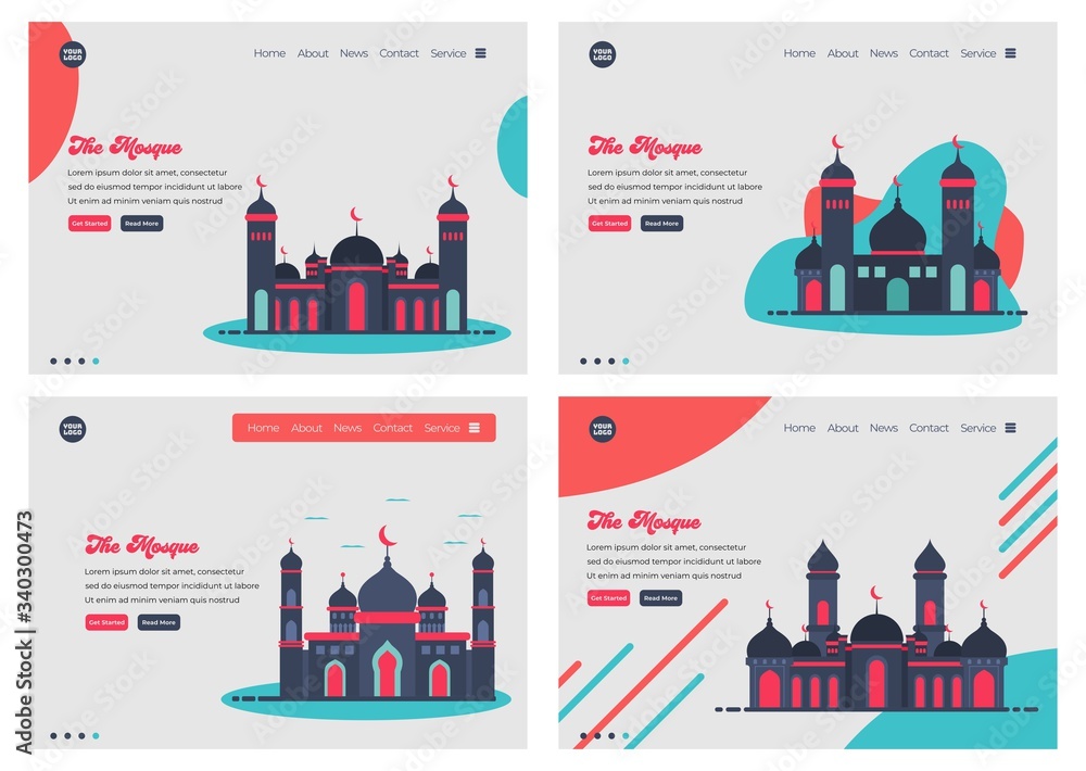 Poster set of landing page design templates for mosque flat illustration, for ramadan theme. easy to edit a