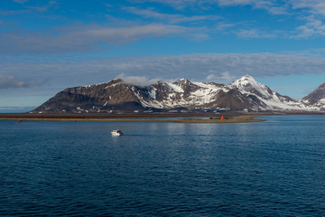 Arctic landscape with mountain and glacier in Svalbard in summer time