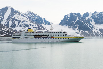 Expedition ship in Arctic sea, Svalbard. Passenger cruise vessel. Arctic and Antarctic cruise.