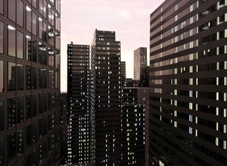 A megapolis with skyscrapers in the evening sky. Dark glass buildings. Urban landscape.  3D rendering.