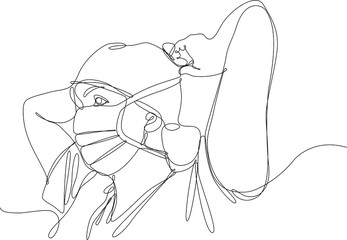 infermiera si allaccia la mascherina, disegno stile linea singola continua