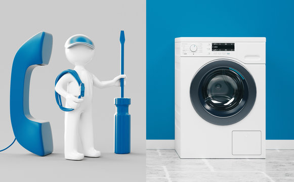 Washing machine repair. Assistance or maintenance concept. 3d rendering