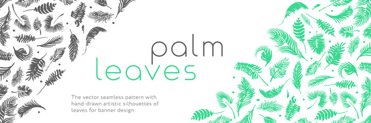 Vector tropical banner with drawings of palm leaves. Natural image. Leaf silhouette pattern, wedding invite Hawaii, eco-fashion image. Botanical background for date banner, summer events.