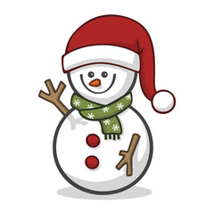 Cute vector snowman character with a red Santa Claus hat and a green scarf, waving his arm and smiling. Isolated on white.