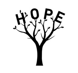 Black Tree with Leaves and text HOPE. Vector outline Illustration. Plant in Garden.