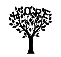 Black Tree with Leaves and text HOPE. Vector outline Illustration. Plant in Garden.