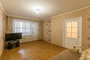 Russia, Moscow- December 15, 2019: interior room apartment modern bright cozy atmosphere. general cleaning, home decoration, preparation of house for sale