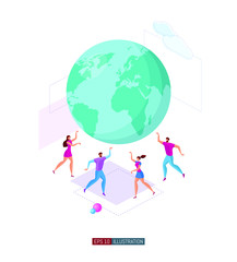 Trendy flat illustration. Men and women are holding a globe. Symbol of volunteering. Save the planet. Template for your design works. Vector graphics.